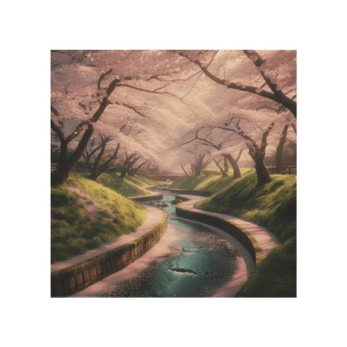 Serene Sakura Stream  Wood Wall Art