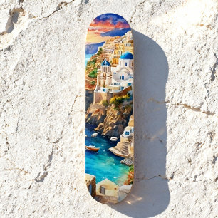 Serene "Santorini Sunset" Watercolor Skateboard