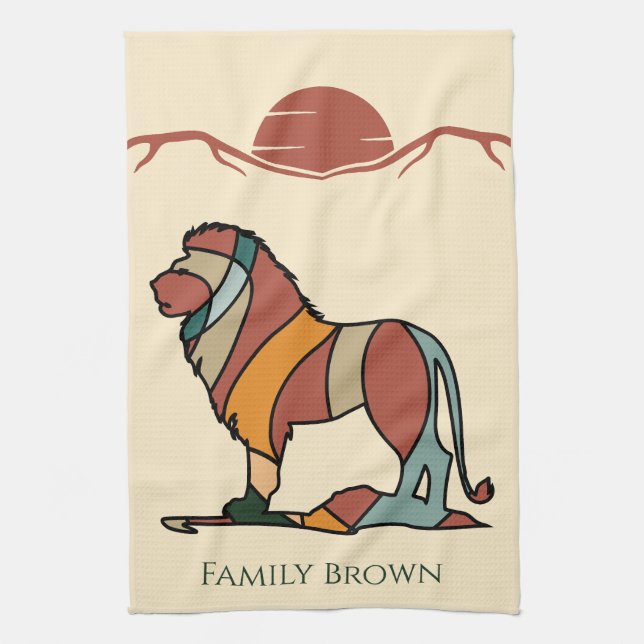 Serene Savanna Kind Lion Custom Family Name Kitchen Towel (Vertical)