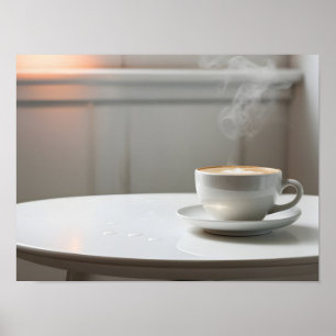 Serene Scene: White Table with a Steaming Cup Poster