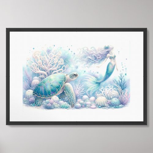 Serene Sea Turtle and Mermaid Art Prints
