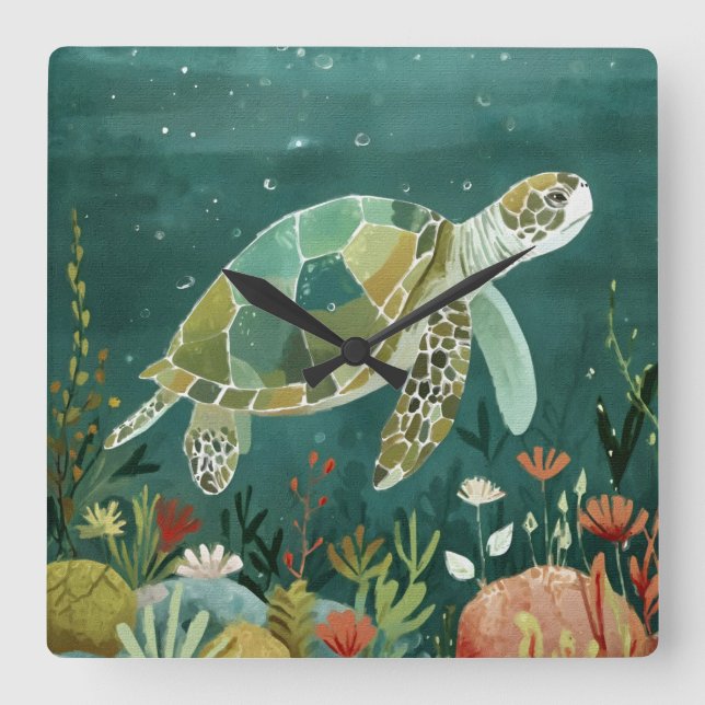 Serene Sea Turtle: Underwater Oasis Square Wall Clock (Front)