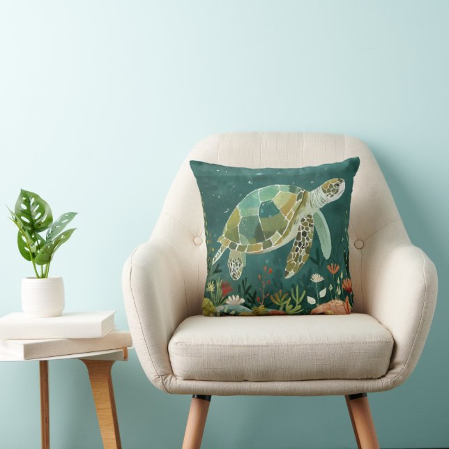 Serene Sea Turtle: Underwater Oasis Throw Pillow (Chair)