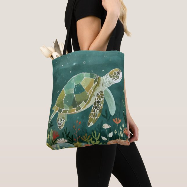 Serene Sea Turtle: Underwater Oasis Tote Bag (Close Up)