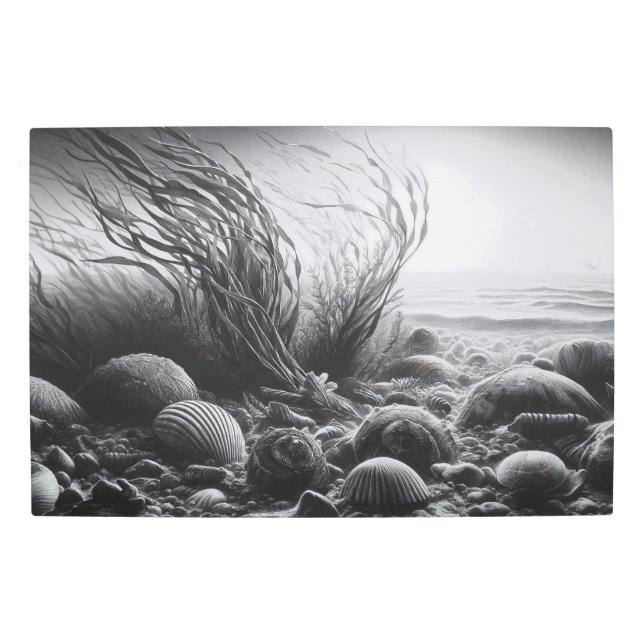Serene Seabed: Underwater Biodiversity in Monochro Metal Print (Front)