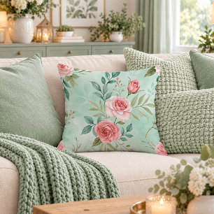 Serene Shabby Chic Mint Pink Rose Decor Pillow Art