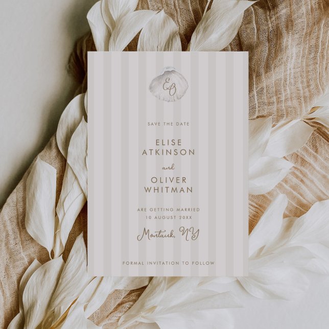Serene Shell Monogram Coastal Stripes Wedding Save The Date (Creator Uploaded)