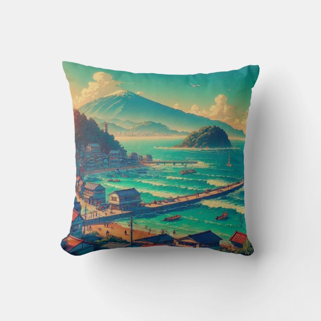 Serene Shores of Fuji Throw Pillow (Front)