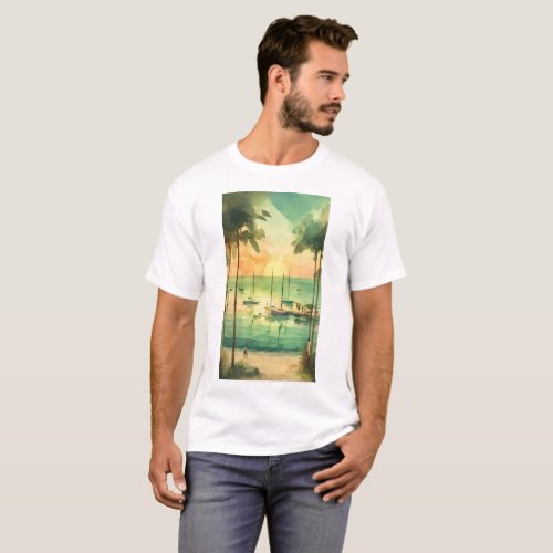 Serene Shores Vintage Beach Sunset in Watercolor T_Shirt