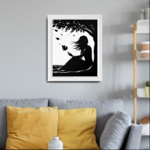 Serene Silhouette Woman Falling Leaves Wall Art