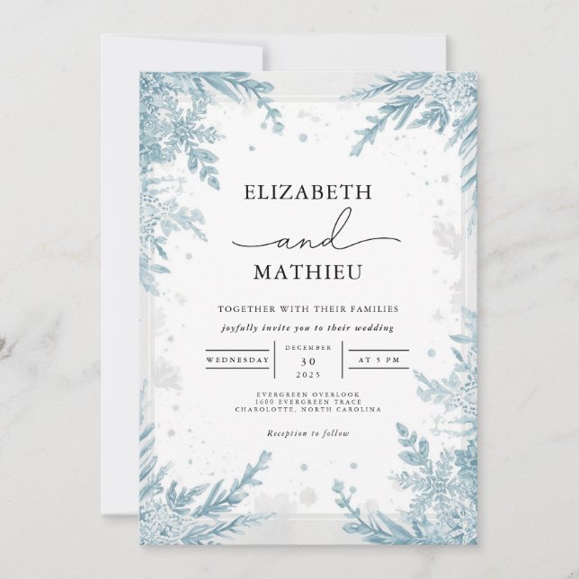 Serene Sky Blue Winter Botanical Wedding Invitation (Front)