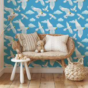 Serene Sky Cockatoos: Whimsical Flight Wallpaper