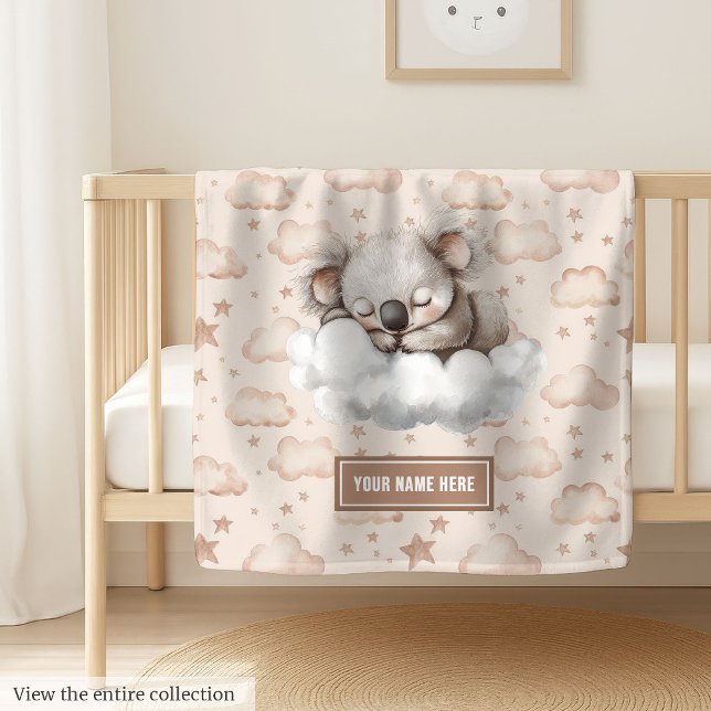 Serene sleeping koala blanket with boho palette (Personalized watercolor sleeping animal blanket, perfect boy baby gift, custom name option.)