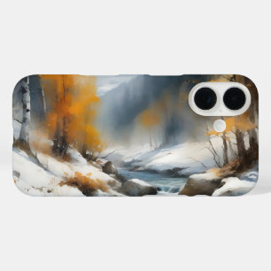 Serene snowy winter river landscape painting iPhone 16 case