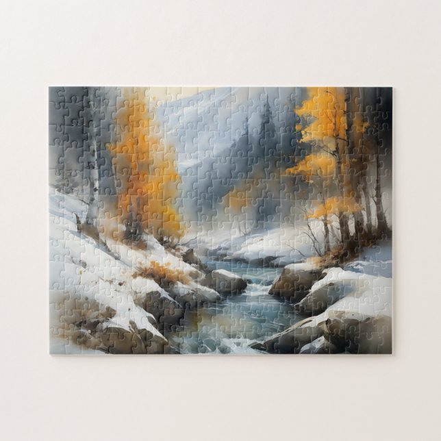 Serene snowy winter river landscape painting jigsaw puzzle (Horizontal)
