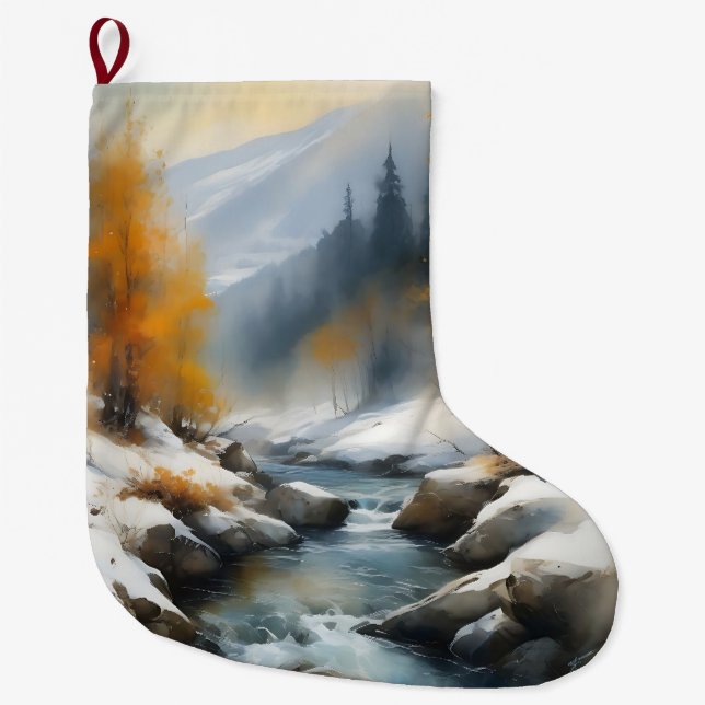 Serene snowy winter river landscape painting large christmas stocking (Front)