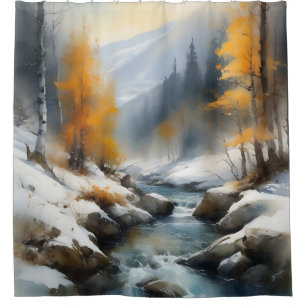 Serene snowy winter river landscape painting  shower curtain