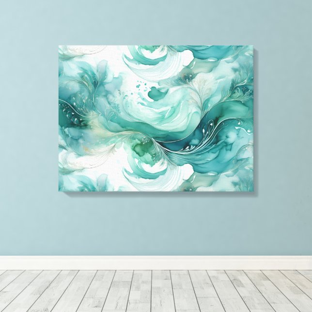 Serene Splash: Abstract Watercolor in Teal Green Canvas Print (Insitu(Wood Floor))