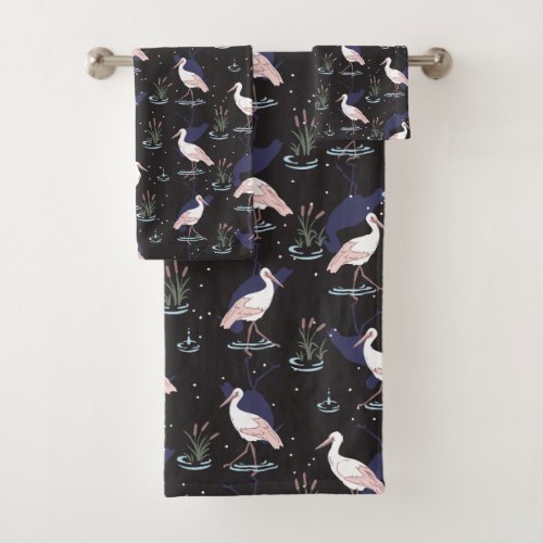 Serene Stork Pond Pattern _ Elegant Reflections Bath Towel Set