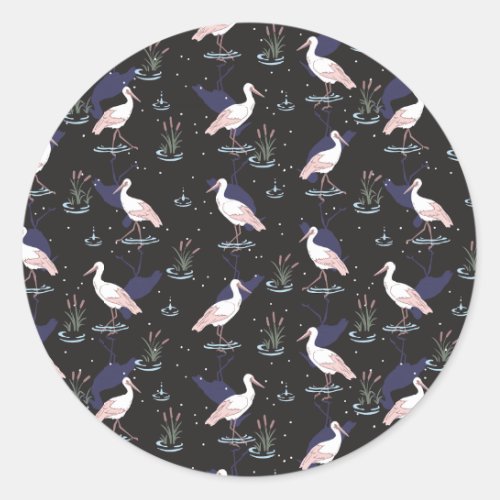 Serene Stork Pond Pattern _ Elegant Reflections Classic Round Sticker