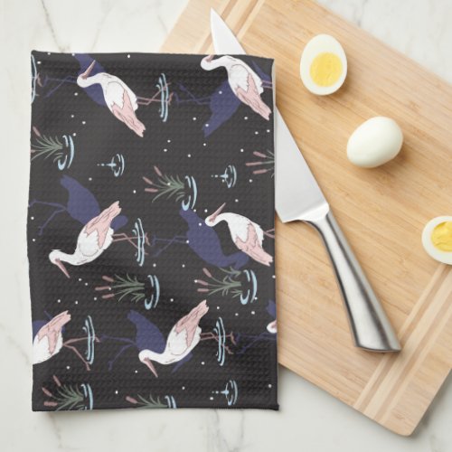 Serene Stork Pond Pattern _ Elegant Reflections Kitchen Towel