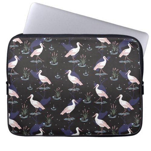 Serene Stork Pond Pattern _ Elegant Reflections Laptop Sleeve