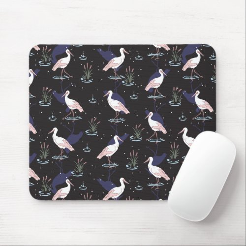 Serene Stork Pond Pattern _ Elegant Reflections Mouse Pad