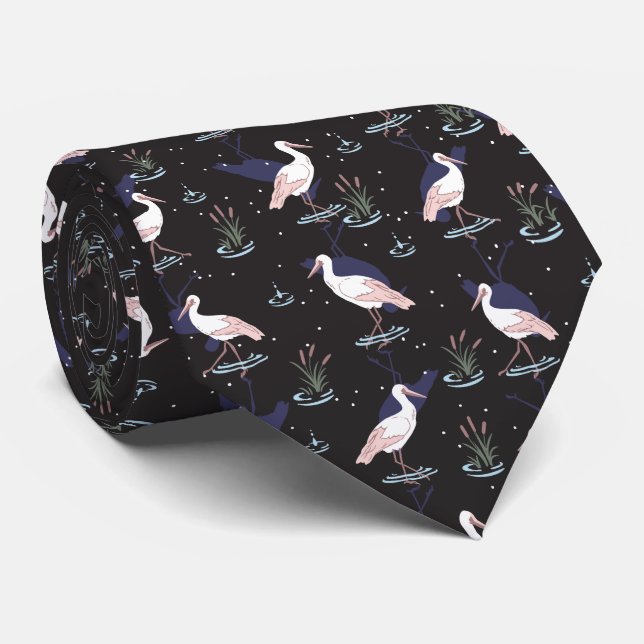 Serene Stork Pond Pattern - Elegant Reflections Neck Tie (Rolled)