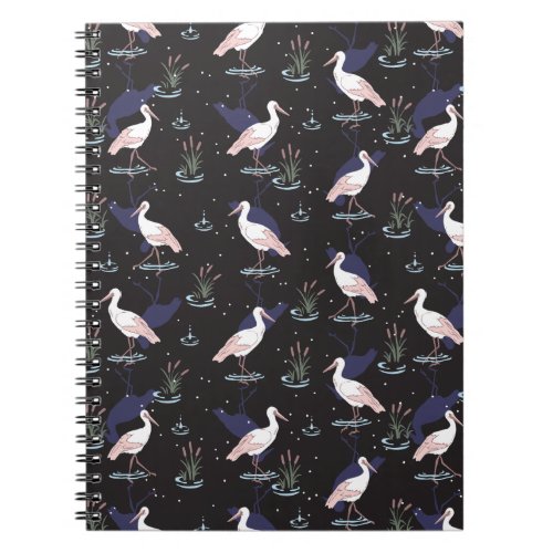 Serene Stork Pond Pattern _ Elegant Reflections Notebook