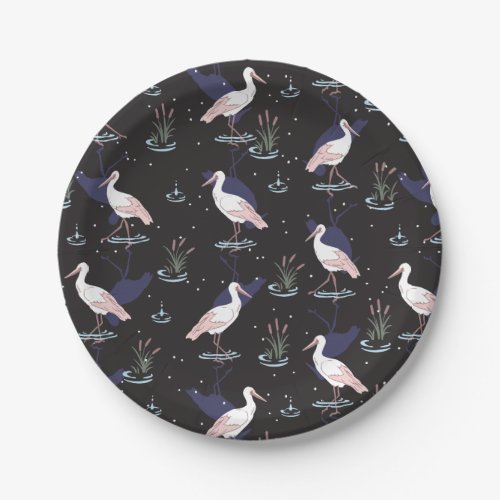 Serene Stork Pond Pattern _ Elegant Reflections Paper Plates