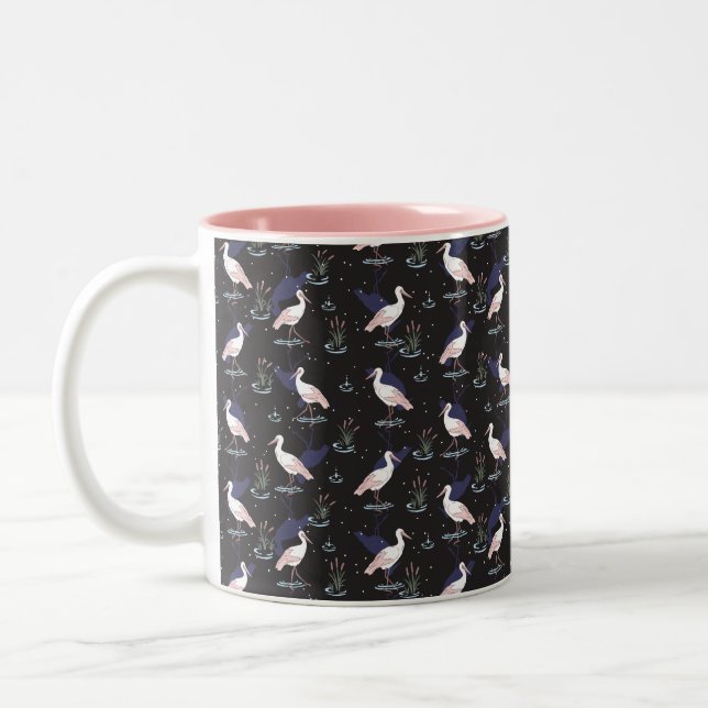 Serene Stork Pond Pattern - Elegant Reflections Two-Tone Coffee Mug (Left)