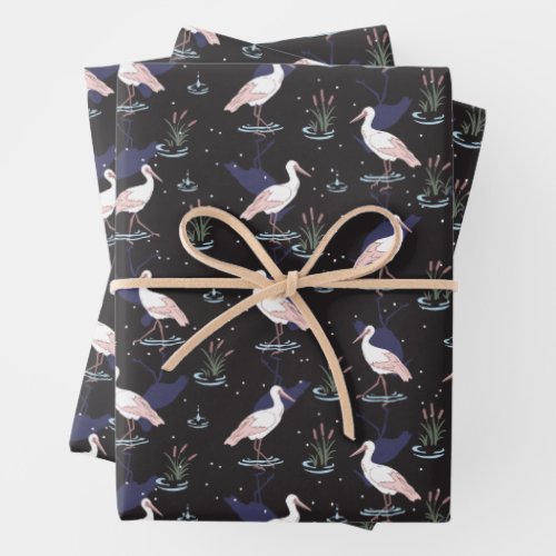 Serene Stork Pond Pattern _ Elegant Reflections Wrapping Paper Sheets