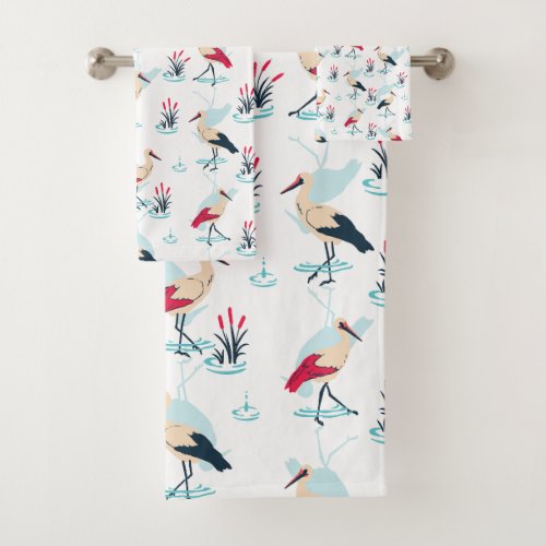Serene Stork Sanctuary _ Elegant Pond Scene Bath Towel Set
