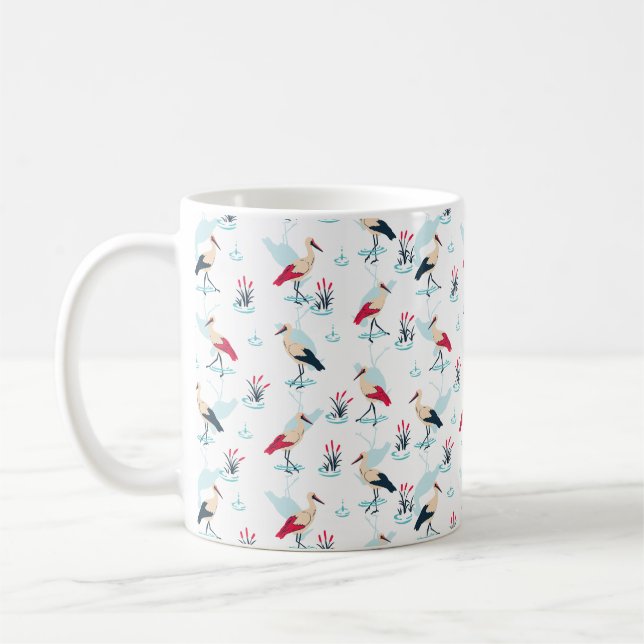 Serene Stork Sanctuary - Elegant Pond Scene Coffee Mug (Left)