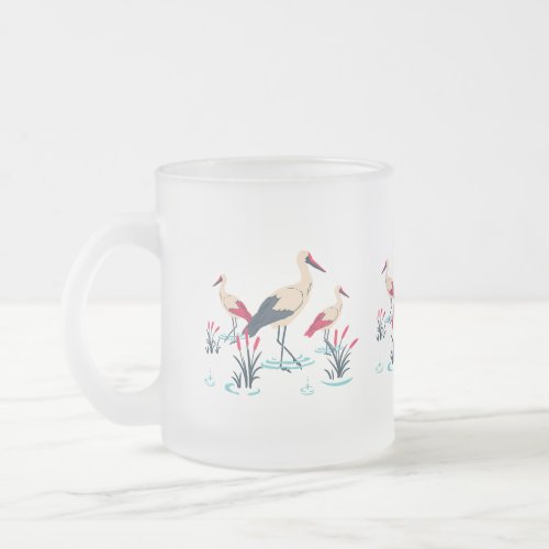 Serene Stork Sanctuary _ Elegant Pond Scene Frosted Glass Coffee Mug