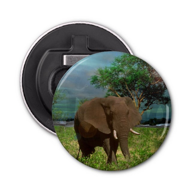 "Serene Strength: The Bull Elephant Grazing"  Bottle Opener (Front)