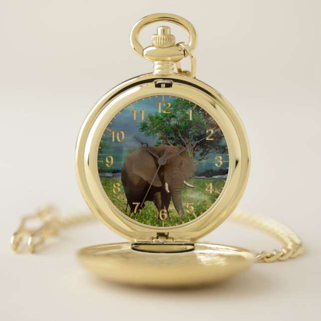 "Serene Strength: The Bull Elephant Grazing"  Pocket Watch (Inside)