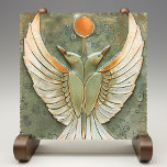 Serene Sunrise - Abstract Winged Ceramic Tile<br><div class="desc">Elevate your space with the "Serene Sunrise" ceramic tile, a stunning piece of abstract art that captures the ethereal beauty of a dawning day. At the heart of this piece is a sun-like orb, glazed in a warm honeycomb hue, that emanates a soft, welcoming glow. Surrounding this central figure is...</div>