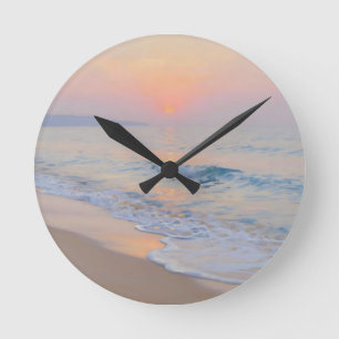 Serene Sunset Beach Ocean Glow Round Clock