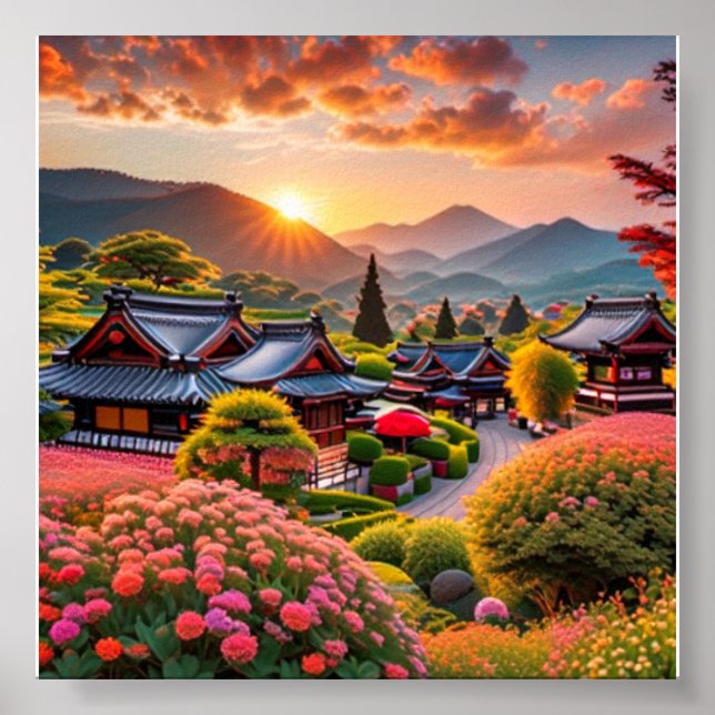 Serene Sunset Over Japanese Garden, Landscape Poster (Front)