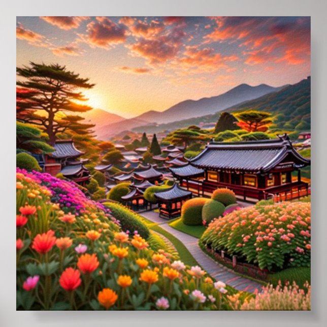 Serene Sunset Over Japanese Garden, Landscape Poster (Front)