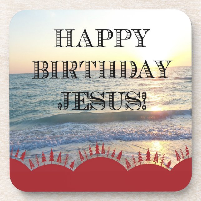 Serene Sunset Over Ocean Happy Birthday Jesus Drink Coaster (Front)