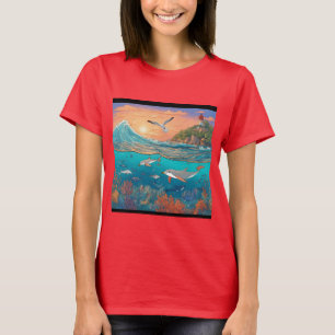 Serene Sunset Over Ocean with Soaring Seagulls T-Shirt