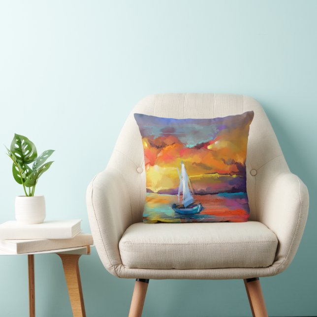 Serene Sunset Sailboat Art Throw Pillow (Chair)