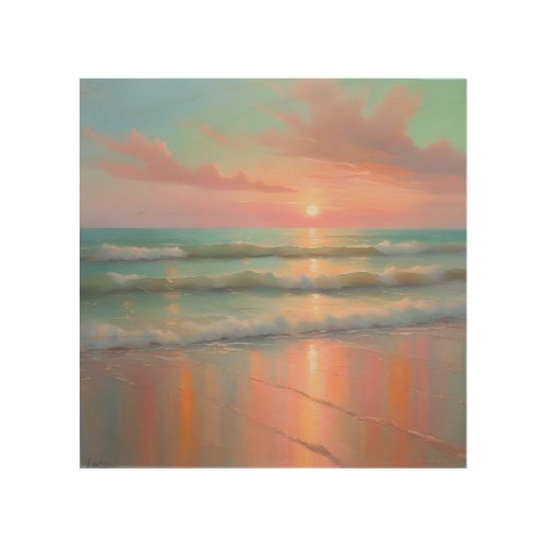 Serene Sunset Seaside Oil Painting Wood Wall Art