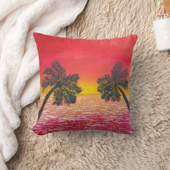 Serene Sunset Throw Pillow Tropical Palm Tree Art (Blanket)