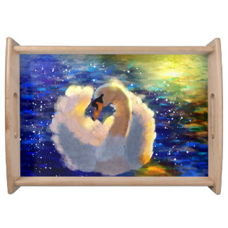 Serene Swan Blue White Cottagecore Lakeside Nature Serving Tray
