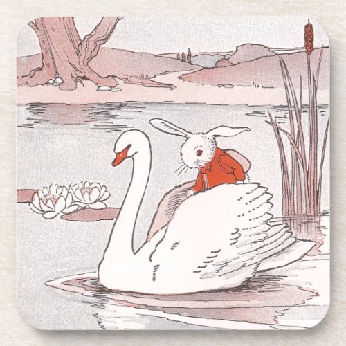 Serene Swan Gives Rabbit a Lift Drink Coaster