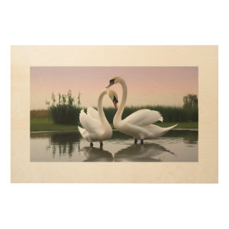 Serene swans Reflections at Sunset Wood Wall Art