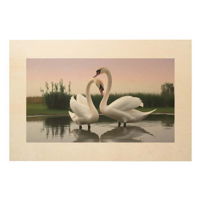Serene swans Reflections at Sunset Wood Wall Art (Front)